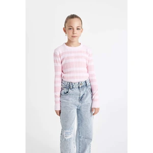 Kız Çocuk Pembe Çizgili Standart Fit Bisiklet Yaka Dar Triko Kazak C6974A824AU