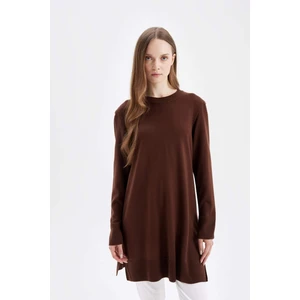 Regular Fit Bisiklet Yaka Yırtmaçlı Basic Düz Triko Kazak Tunik H3431AZ24AU