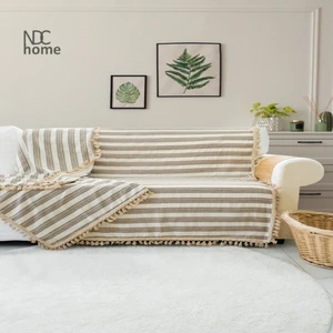 NDC Home Premium Keten Kahverengi Çizgili Bej Ponponlu   Koltuk Örtüsü (170 x 220)