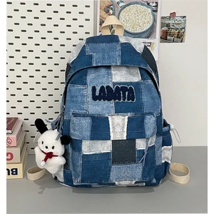 Büyük Kapasiteli Okul Çantası Kadın Ekose Denim Dikiş Sırt Çantası Lise Üniversite Öğrencisi Rahat Sırt Çantası (Yurt Dışından)