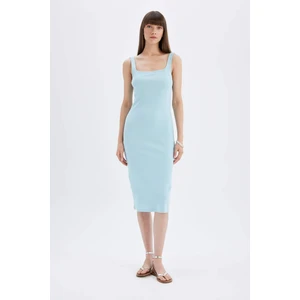 Bodycon Vücuda Oturan Basic Düz Kare Yaka Fitilli Kaşkorse Kolsuz Midi Elbise Z7577AZ24SM