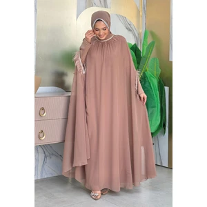 Bym Fashion Püsküllü Yakası Taş Detaylı Abayalı Elbise Takım 8494 Vizon