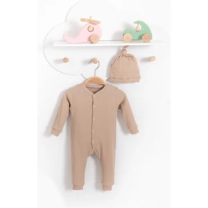 Tarz Şapkalı Fitilli Penye Bebek Tulum-Bej