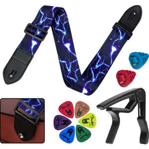 SR-11BL-PAK Desenli Gitar Omuz Askısı Metal Capo + 2 Pena Kutusu 6 pena
