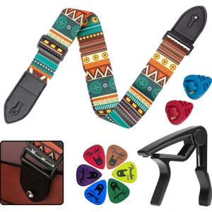 SR-11GRN-PAK Desenli Gitar Omuz Askısı Metal Capo + 2 Pena Kutusu 6 pena