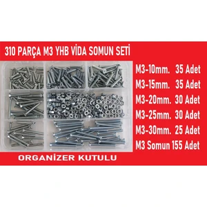 Gün Vida M3 Yhb Vida Somun SETI-310 Adet-Metrik 3mm-Boy 10-15-20-25-30 mm Organizer Kutulu