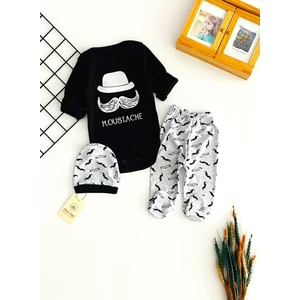 Derin Bebe Neşeli Bebekler Şspka Bıyık Baskılı Bereli Ayağı Patikli Üçlü Takım