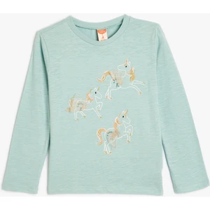 Tişört Unicorn Işlemeli Uzun Kollu Bisiklet Yaka Pamuklu