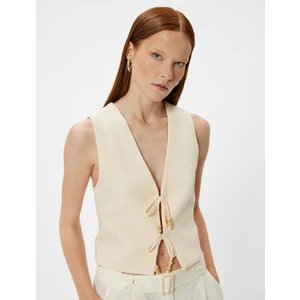 Önden Bağlama Detaylı Yelek Crop V Yaka