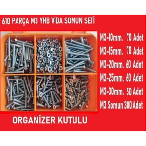 M3 Yhb Vida Somun SETI-610 Adet-Metrik 3mm-Boy 10-15-20-25-30 mm Organizer Kutulu