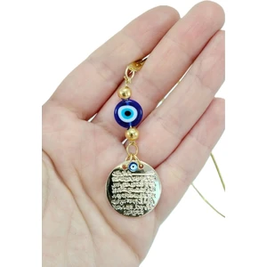 Metal Ayetel Kürsi Cam Lacivert Nazar Boncuklu Araba Dikiz Ayna Süsü Gold Renkli