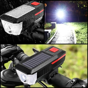 Solar Güneş Enerjili USB ile Şarj Edilebilir 3 Mod Ledli Bisiklet Feneri Kornalı ve Su Geçirmez Far