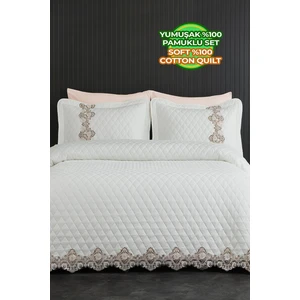 Evlen Home Collection  Pamuk May Dantelli Yatak Örtüsü Çift Kişilik Krem Kırık Beyaz Elyaf Dolgulu Kapitone ( Pike ) Takımı Güpürlü