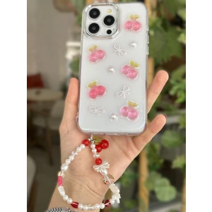 Paladyum Case iPhone 15 Promax Uyumlu Kirazlı Simli Boncuklu Şeffaf Kılıf