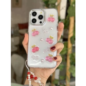 Paladyum Case iPhone 14 Promax Uyumlu Kirazlı Simli Boncuklu Şeffaf Kılıf