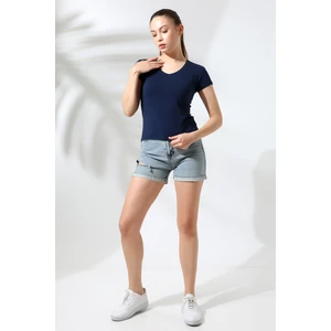 Pamuklu Penye Kompakt Likralı V Yaka Kısa Kol Basic T-Shirt 21043 Lacivert