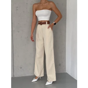 Kadın Ham Keten Palazzo Kadın Pantolon Kemerli Beli Lastikli