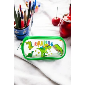 Yeşil Renk Dino Desenli Şeffaf Su Geçirmez Tek Bölmeli Kalem Kutusu