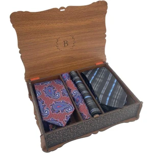 Premium Ahşap Kutulu 2'li Kravat Mendil Set