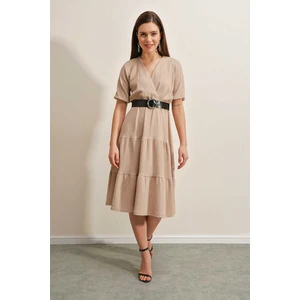 Giyim Dünyası Kadın Kemerli Kruvaze Elbise Vizon