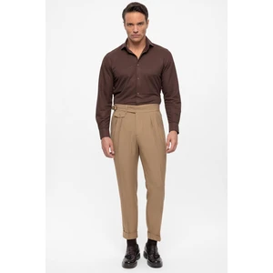 Camel Yüksek Bel (Boyfriend) Toka Kemerli Pileli Kumaş Pantolon