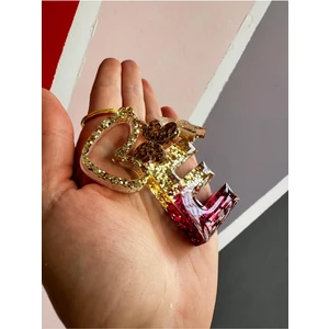 E Harf Renkli Kalp Kelebek Yıldız Motifli Yuvarlak Halkalı Vıp Epoksi Harf Anahtarlık