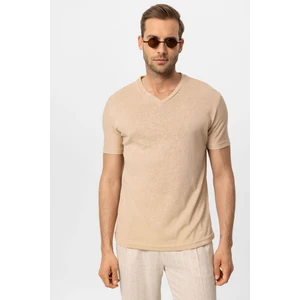 Bej V Yaka Basic Erkek T-Shirt