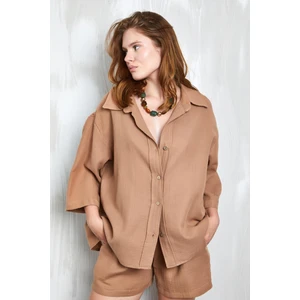 Camel Müslin Kumaş Oversize Fakir Kol Gömlek 27349