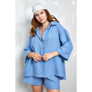 Indigo Müslin Kumaş Oversize Fakir Kol Gömlek 27349