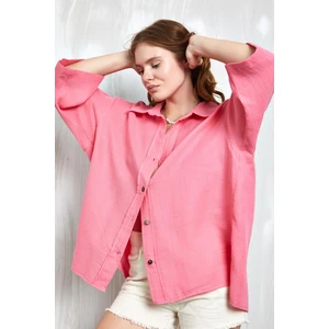 Pembe Müslin Kumaş Oversize Fakir Kol Gömlek 27349