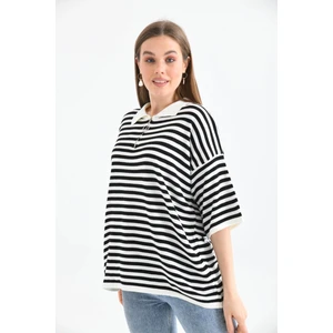 Polo Yaka Fermuarlı Çizgili Mevsimlik Salaş Triko Kazak