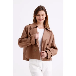 %100 Pamuk Gabardin Astarlı Oversize Geniş Kalıp Kadın Crop Kısa Trençkot 1122