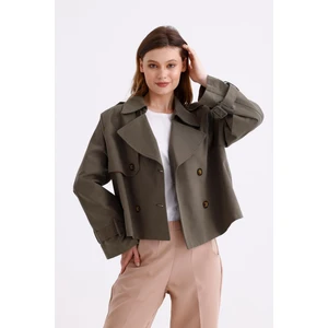 %100 Pamuk Gabardin Astarlı Oversize Geniş Kalıp Kadın Crop Kısa Trençkot 1122