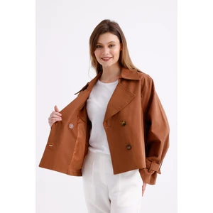%100 Pamuk Gabardin Astarlı Oversize Geniş Kalıp Kadın Crop Kısa Trençkot 1122