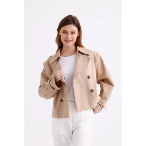 %100 Pamuk Gabardin Astarlı Oversize Geniş Kalıp Kadın Crop Kısa Trençkot 1122