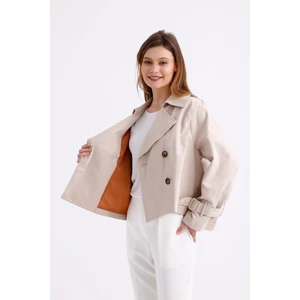 %100 Pamuk Gabardin Astarlı Oversize Geniş Kalıp Kadın Crop Kısa Trençkot 1122