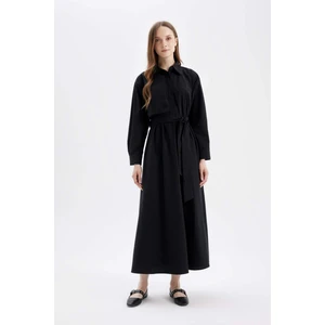 Gömlek Yaka Basic Düz Düğmeli Kemerli Poplin Uzun Kollu Maxi Siyah Elbise D4164AX24AU