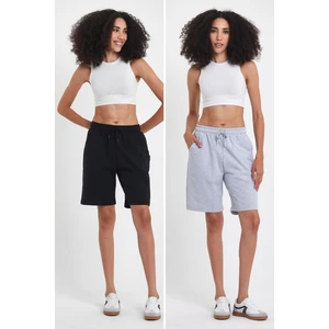 2'li Kadın Rahat Kesim Beli Lastikli Mevsimlik Yumuşak Kumaş Cepli Siyah-Gri Uzun Bermuda Şort