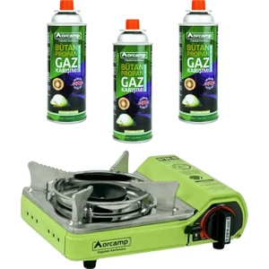 Tekli Mini Portatif Kamp Ocak ve 3 Adet 227 gr Gaz Kartuş Seti Yeşil