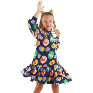 Renkli Çiçekli Kız Çocuk Lacivert Elbise