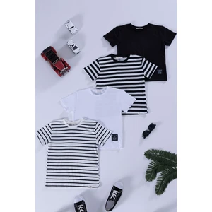 For You Kids 4'lü  Etiket Detaylı Cizgili Siyah Beyaz Tshirt