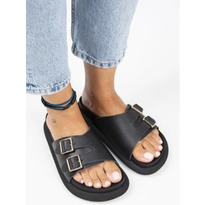 Lirio Kadın  Deri Tek Bant Çift Tokalı Siyah Terlik