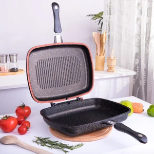36 cm Gold Stone Ikiz Grill Tava, Çift Taraflı Izgara Grill Pan