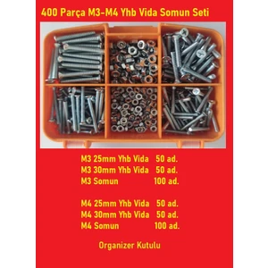 Bul End M3-M4 Metrik 3 - Metrik 4 Yhb Vida Somun SETI-400 Adet   Boy 25-30  mm Organizer Kutulu