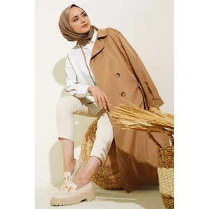 T5853 Kruvaze Yaka Tesettür Trençkot - Taba