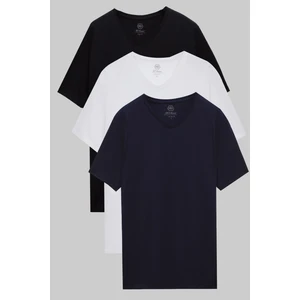 D'S Damat Slim Fit Siyah/beyaz/lacivert 3'lü T-Shirt