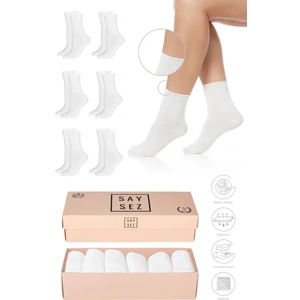Bambu Kadın Lastiksiz Beyaz Soket Dikişsiz Premium Çorap Kutulu 6'lı / Iz Bırakmaz / Sıkmayan Çorap