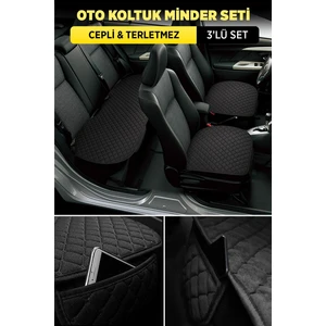 Tay Tüyü Cepli & Terletmez Oto Koltuk Minder Seti - Koltuk Koruma Kılıfı (3'lü Set) Siyah-Siyah