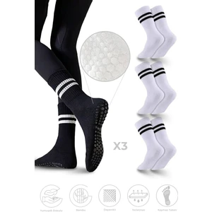Bambu Kadın Kaydırmaz Taban Silikon Baskı Pilates Yoga Fitness Dans Aktivite Tenis Çorabı 3'lü Paket