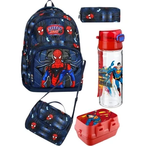 Spıderman Desenli Beşli Erkek Çocuk Ilkokul Okul Çantası + Termal Beslenme Seti + Kalemlik + Suluk